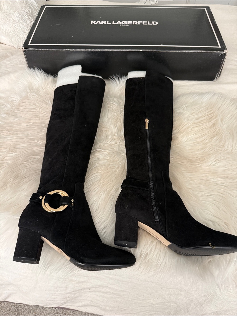 Karl Lagerfeld Black Suede Over-the-Knee Boots with Gold Ring Detail. NWOT